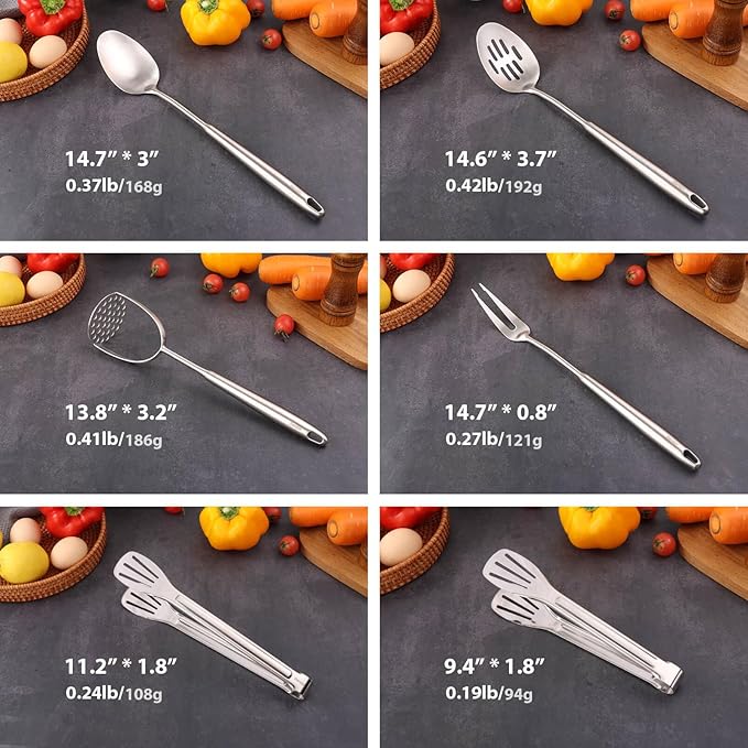 18/10 Stainless Steel Kitchen Utensils Set - 12 PCS All Metal Cooking Tools & 15??Serving Utensils - Potato Masher, Meat Fork, Tongs, Turner, Pasta, Serving Spoon, Skimmer, Ladle, Spatula Spoon Set