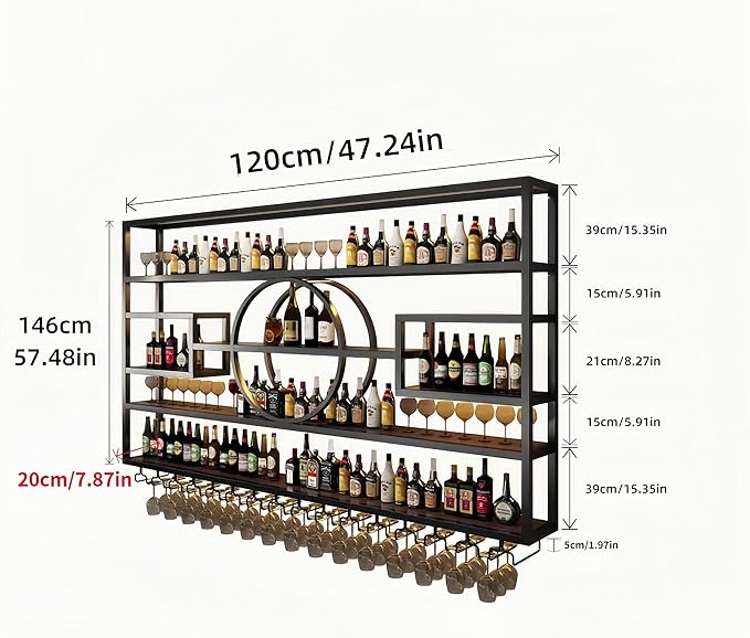 47" Metal Wine Rack Wall Mounted, Multi Functional Bar Shelves for Liquor Bottles with Glass Holder, Modern Wood Bar Shelves Wall Mounted for Home Bar & Dining Room, Black(57" Height)