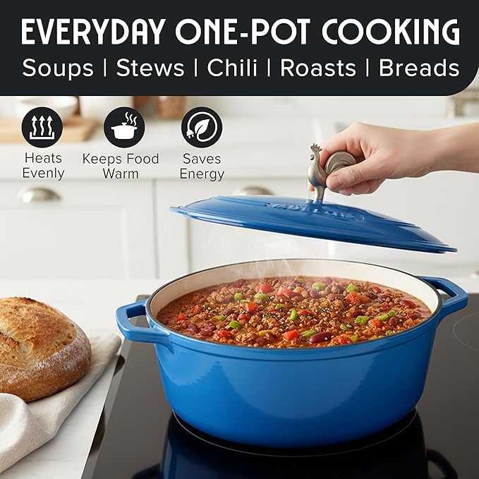 MUELLER HOME 5.5 Quart Enameled Cast Iron Oval Dutch Oven w Rooster Knob & Cotton Potholders, Heavy-Duty Cookware, Oven-Safe up to 500째 F & Across All Cooktops, Gifts for Grandma & Women, Aqua Blue