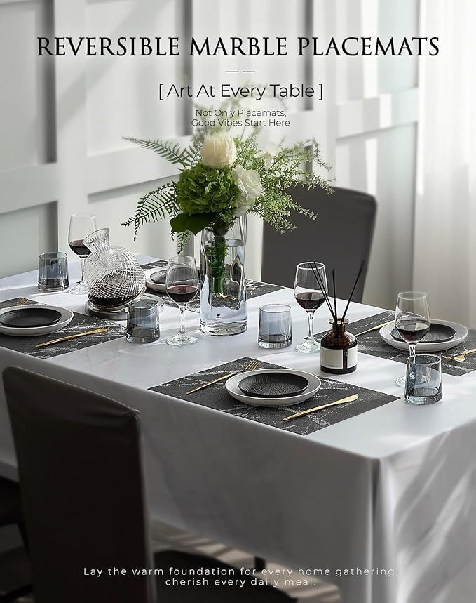 Leetaltree Reversible Marble Placemats Set of 4 - Ships Flat and Stays Flat, Durable Washable Vinyl PVC Placemats, Heat Resistant, Easy Wipe Clean (Black Marble Pattern)