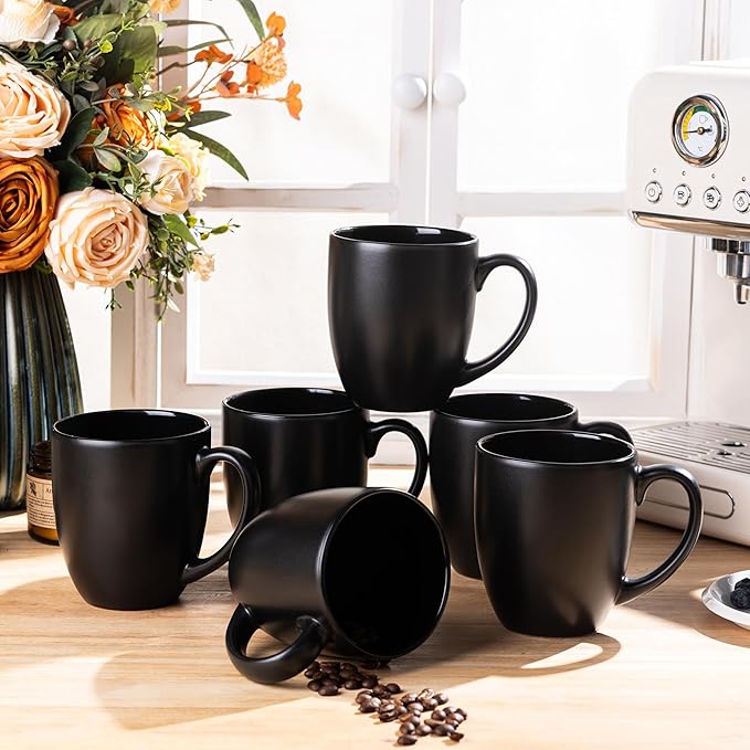 GBhome 16oz Coffee Mugs Set of 6, Large Ceramic Coffee Mugs for Man, Woman, Dad, Mom, Modern Coffee Mugs Set with handle for Tea/Latte/Cappuccino/Milk/Cocoa. Dishwasher&Microwave Safe,Matte Black