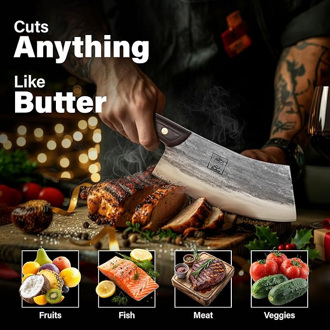 COOLINA Knife Set ??Chef, Tungsten & Lixy Knives Bundle ??3-Piece Hand-Forged Carbon Steel Kitchen & BBQ Knives with Wooden Handles ??Full Tang Butcher, Cleaver & Cooking Knife Set
