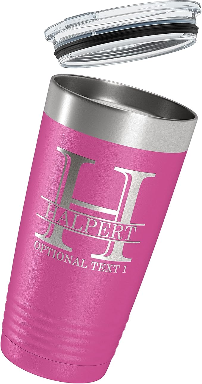 Personalized 20oz (17 Colors) Powder Coated Insulated Stainless Steel Tumbler with Lid, Custom Etched, Customized Engraved Gift Idea for Women Men Her Him, Halpert Monogram Initial Name (Pink)