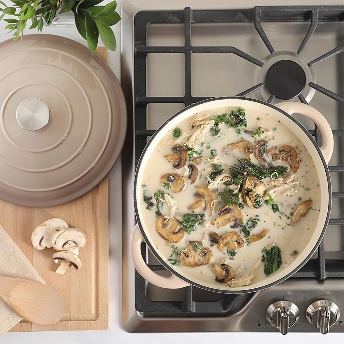 Gibson Home Addlestone 7 Qt Enameled Cast Iron Dutch Oven Pot with Lid ??Round, Oven Safe to 500째F, Ideal for Bread Baking & Stews - Gradient Taupe