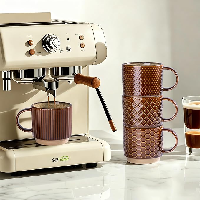 GBhome 12OZ Stackable Coffee Mugs with Stand, Ceramic Coffee Mugs with Texture Patterns for Man,Woman,Dad,Mom, Modern Coffee Cups Set of 4 for Latte/Cappuccino. Dishwasher&Microwave Safe, Caramel
