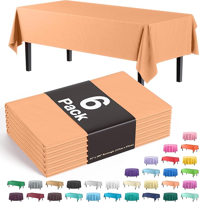 Party Solids Pack Of 6 Premium Plastic Tablecloth 54 Inch x 108 Inch Rectangle Plastic Table Cover - Peach