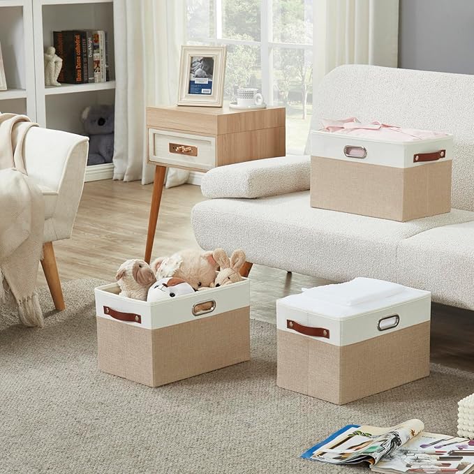 Bagnizer Large Collapsible Fabric Storage Bins with 3 Handles, Foldable Organizer Baskets for Closet, Shelves, Living Room | 3 Pack, Durable PU & Metal Handles (14.9"x9.8"x9.8", Beige & White)