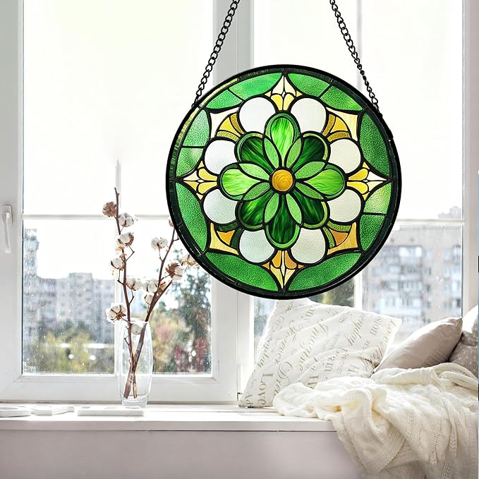 Stained Glass Window Hanging Boho Green Flower Large 11.8" - Suncatcher Door Garden Sun Catcher Ireland Decor Birthday Mother's St. Ripack's Day Gift for Woman Mom Men Friend Nana Wife Aunt