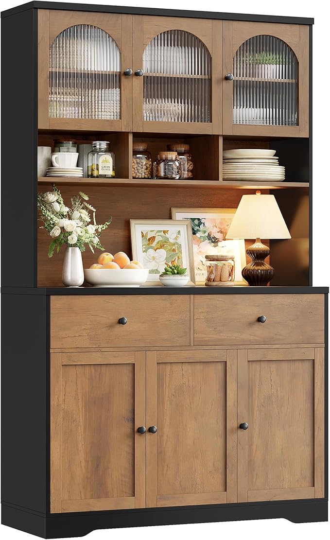 FINETONES 71" Pantry Cabinet, Tall Kitchen Pantry Storage Cabinet with Microwave Stand, Modern Kitchen Hutch Food Pantry with Open Countertop and Adjustable Shelf for Dining Room