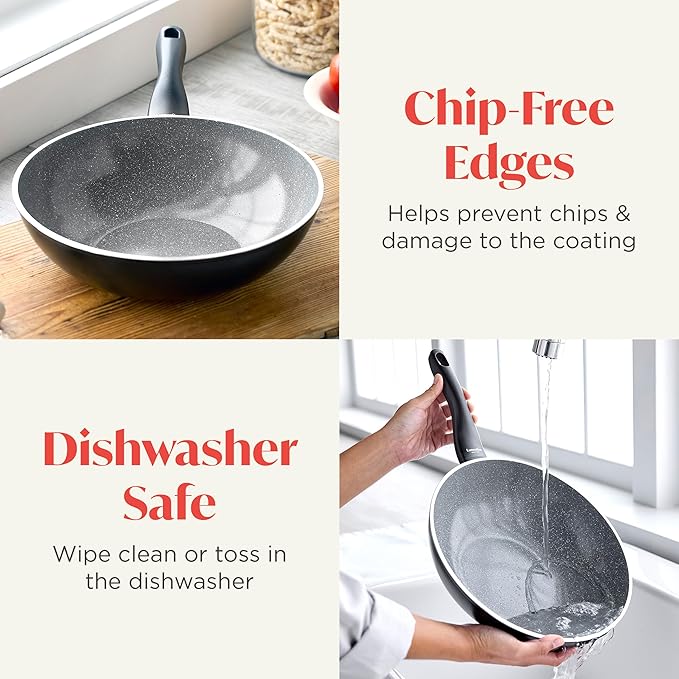 Rigoletto 11??Nonstick Wok Pan, Made in Italy, Layered Ceramic PFAS-Free Surface, Induction Ready Skillet, Dishwasher & Metal Utensil Safe, Granite Finish, Stay-Cool Handle, Black