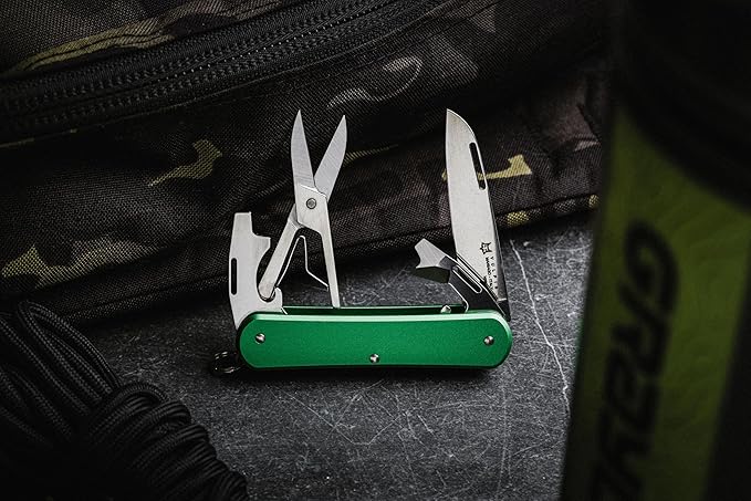 Fox Knives Vulpis FX-VP130-F4 Slipjoint Folding Knife 4-in-1 Multitool 2.17in Blade, Bottle Opener, Can Opener, Flat Head Screwdriver, Scissors - Compact Versatile Minimalist Pocket Knife (OD Green)