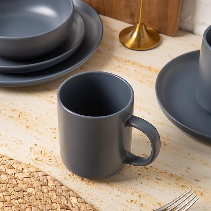Furrnook 12-Piece Stoneware Dinnerware Set with Mugs | Microwave and Dishwasher Friendly | Stackable Matte Glaze Plates & Bowls | Service for 3 (Blue for 3)