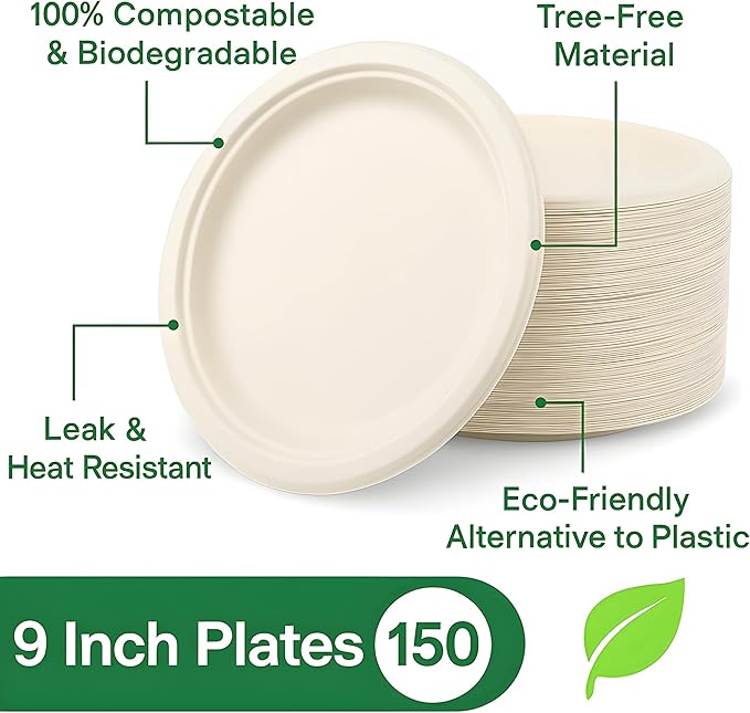 9 Inch Compostable Paper Plates ??150 Pack | Eco-Friendly Disposable Plates | Sturdy, Tree-Free, Heat & Leak Resistant Alternative to Plastic Plates