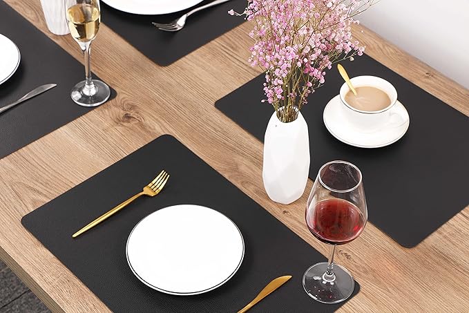 Wipeable Placemats Leather Table Mats Waterproof Heat-Resistant Easy to Clean for Dining Table Set Kitchen Table (4, Black)