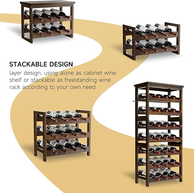 28-Bottle Wine Rack Free Standing Floor, Solid Wood 7-Tier Display Wine Storage Shelves with Tabletop, Wobble-Free Bottle Holder for Cellar Kitchen Bar Dining Room Living Room, Walnut