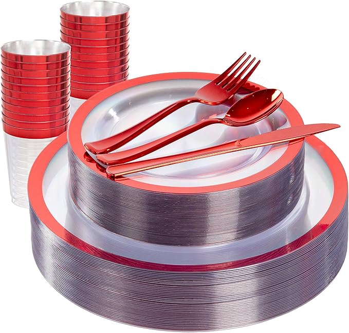 I00000 150pcs Red Disposable Plates | Clear Plates Red Trim,Silverware | Valentine's Day Dinnerware Set Perfect for Party (25 Guests)
