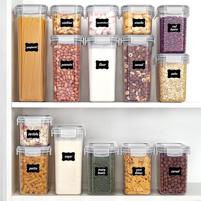 Vtopmart Airtight Food Storage Containers with Lids, 24 pcs Plastic Kitchen and Pantry Organization Canisters for Cereal, Dry Food, Flour and Sugar, BPA Free, Includes 24 Labels竊똆ray