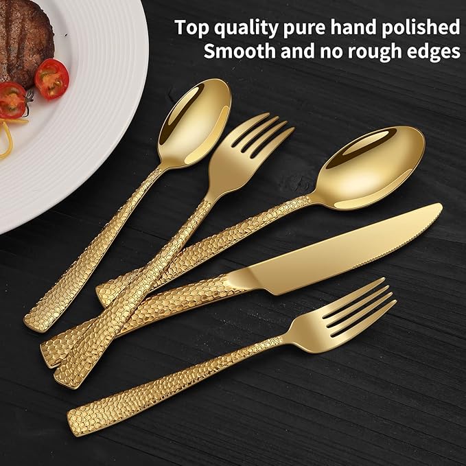 45-Piece Silverware Set with Serving Utensils Set, Gold Hammered Stainless Steel Flatware for 8, Food-Grade Tableware, Including Fork, Knife, Spoon Set, Home Kitchen Cutlery, Dishwasher Safe