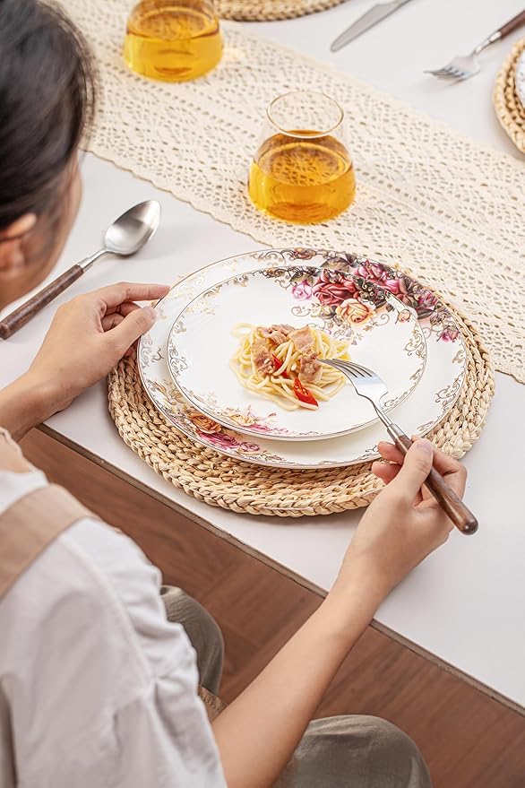FHGNYSM Dinnerware Sets, Plates Set, with Bowels, Artistic 12-Piece Ceramic Dinnerware, for Home Restaurant, Chip and Scratch Resistant, Microwave and Dishwasher Safe, Rose Collection