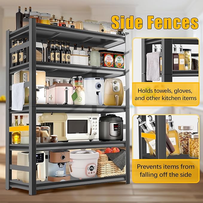 48''W Kitchen Shelves with Large Storage Capacity, Waterproof and Rust-Resistant Metal Racks, Multi-Functional Adjustable Kitchen Storage Shelf, Suitable for Kitchens, Storage Rooms, Black