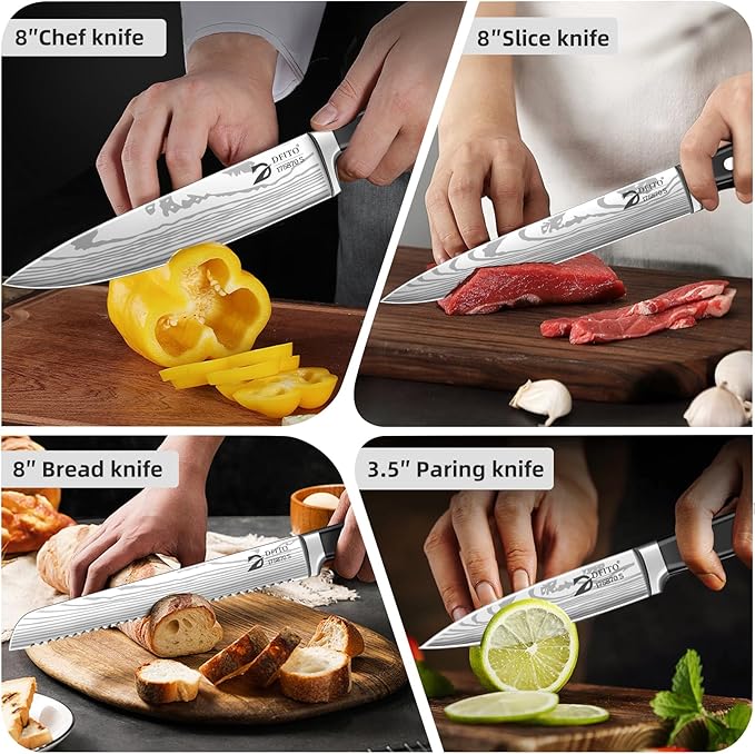 Dfito Chef Knife Set with Roll Bag, 9 Piece Professional Stainless Steel Japanese Kitchen Knife Set with Ergonomic Handle for Professional Chef, Dishwasher Safe, Camping, Travel, BBQ, RV or Gift Black