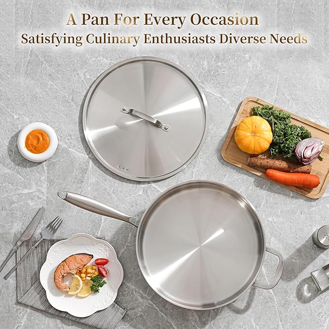 DELARLO 5QT Saute Pan Tri-Ply Stainless Steel Pan, 12Inch Deep Frying Pan with Steel cover, Kitchen Large Skillet,Heavy Duty Style Compatible With All Cooktops Up to 650℉
