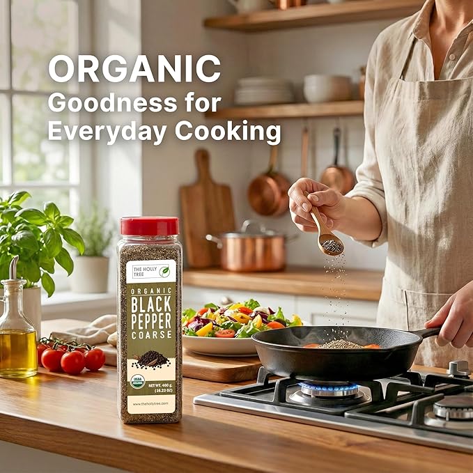Organic Black Pepper Coarse - 16.2 oz Glass Jar - USDA Certified Organic, Non-GMO, Kosher & Gluten-Free - Premium Coarsely Ground Black Pepper for Cooking, Seasoning & Finishing - The Holly Tree