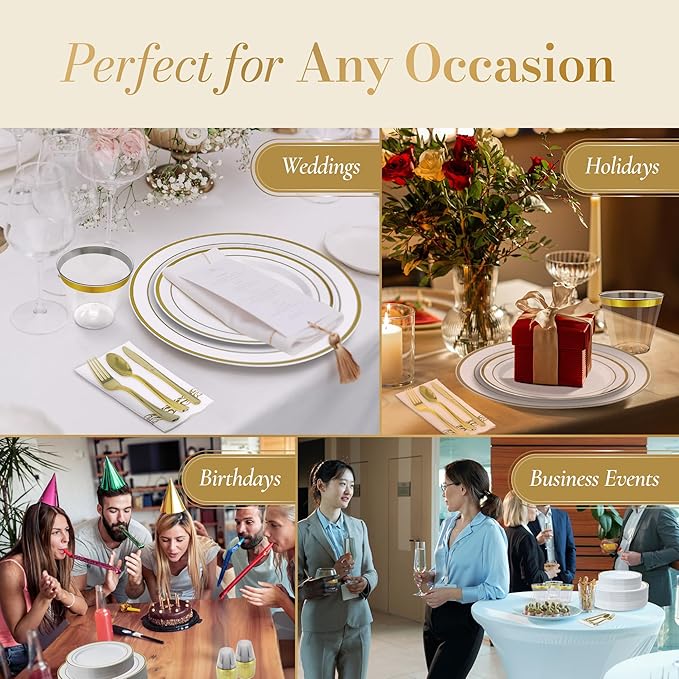 Reli. Plastic Plates for Party | 385 Pieces | White w/Gold Rim | Plates and Napkins Party Supplies | Disposable Dinnerware Set for 55 Guests | Dinner & Dessert Pack, Gold Cutlery Set, Napkins, Cups