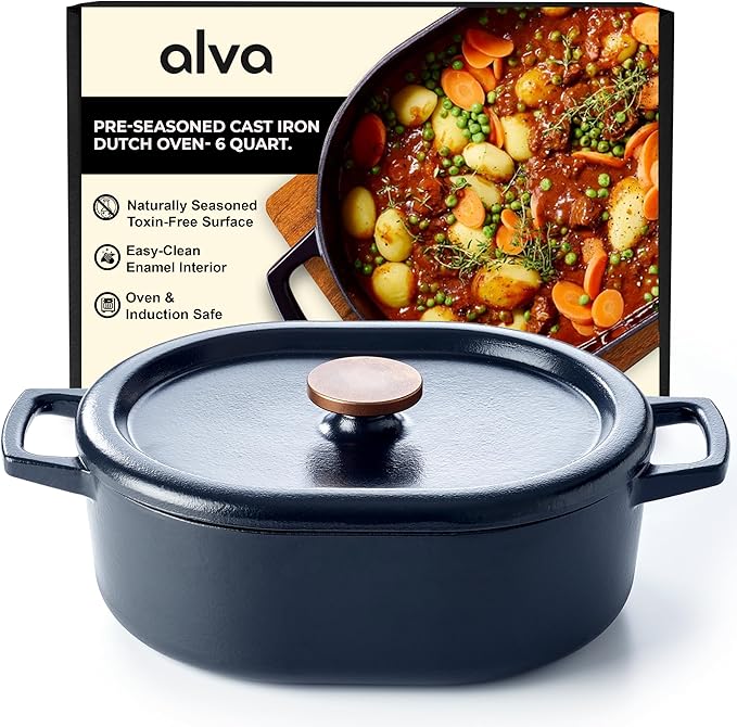 Alva Nori 6-Qt Enameled Cast Iron Dutch Oven ??Made With No PTFE/PFOA/PFAS, Oven & Induction Safe ??3-Layer Enamel, No Seasoning Needed ??Durable, Easy-Clean Cookware for Healthy Cooking, Black