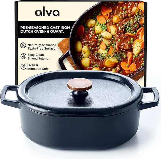Alva Nori 6-Qt Enameled Cast Iron Dutch Oven ??Made With No PTFE/PFOA/PFAS, Oven & Induction Safe ??3-Layer Enamel, No Seasoning Needed ??Durable, Easy-Clean Cookware for Healthy Cooking, Black
