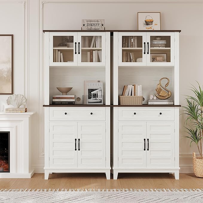 Elegant White Modern Wood Pantry Coffee Cabinet with Ample Storage, Spacious 72" Tall Kitchen Bar Cabinet Hutch Featuring 4 Stylish Glass Doors & 1 Smooth Drawer, Versatile Stand-Alone Food Pantry