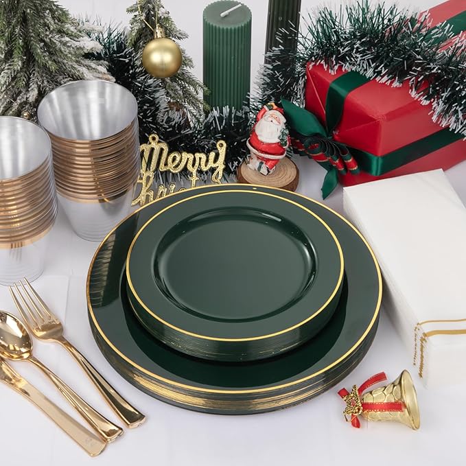 SUT 350PCS Green and Gold Plastic Plates for 50 Guests, Disposable Plates and Napkins Party Supplies, Gold Plastic Silverware, Plates, Cups and Napkins Sets竊똏arty Plates and Cups and Napkins Sets