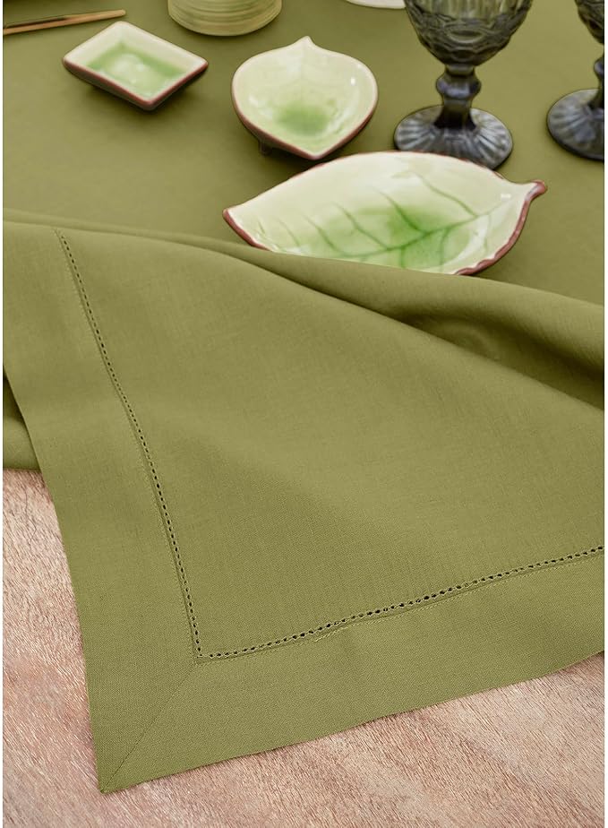 Solino Home Linen Avocado Green Tablecloth 60 x 108 Inch - Classic Hemstitch, 100% Pure Linen Rectangular Tablecloth - Machine Washable Table Cloth for Winter, Spring, Easter, St Patricks Day