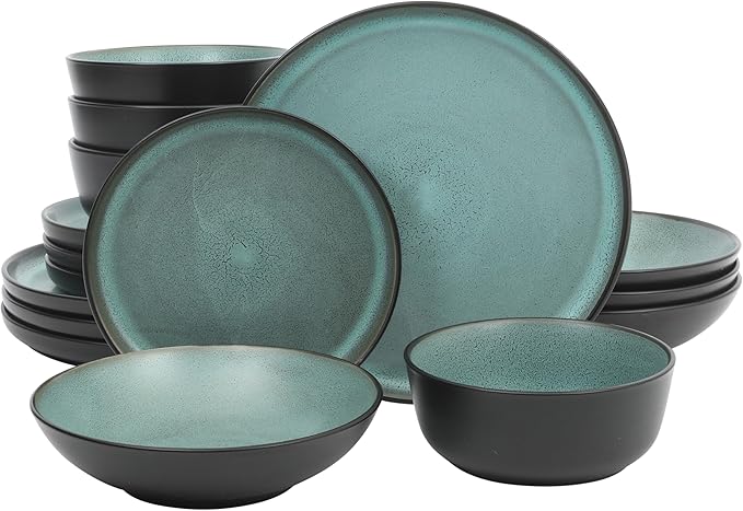 Gibson Elite Tribeca Loft 16-Piece Dinnerware Set ??Matte Black and Green Reactive Glaze Stoneware, Double Bowl Round Plates and Bowls ??Modern Rustic Tableware for 4, Dishwasher & Microwave Safe