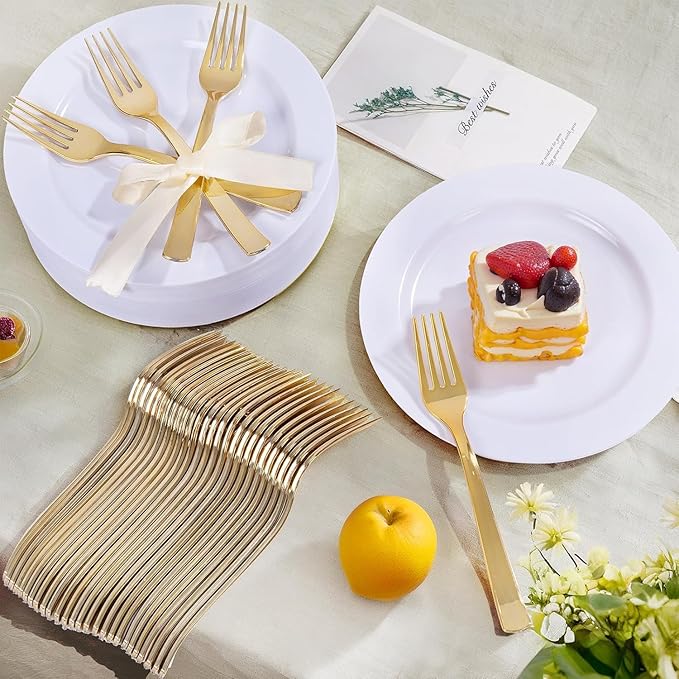 WELLIFE 100PCS White Plastic Dessert Plates and 100PCS Gold Disposable Forks, Premium Hard Dessert Plate 7.5?? Appetizer Plastic Plates for Party and Wedding