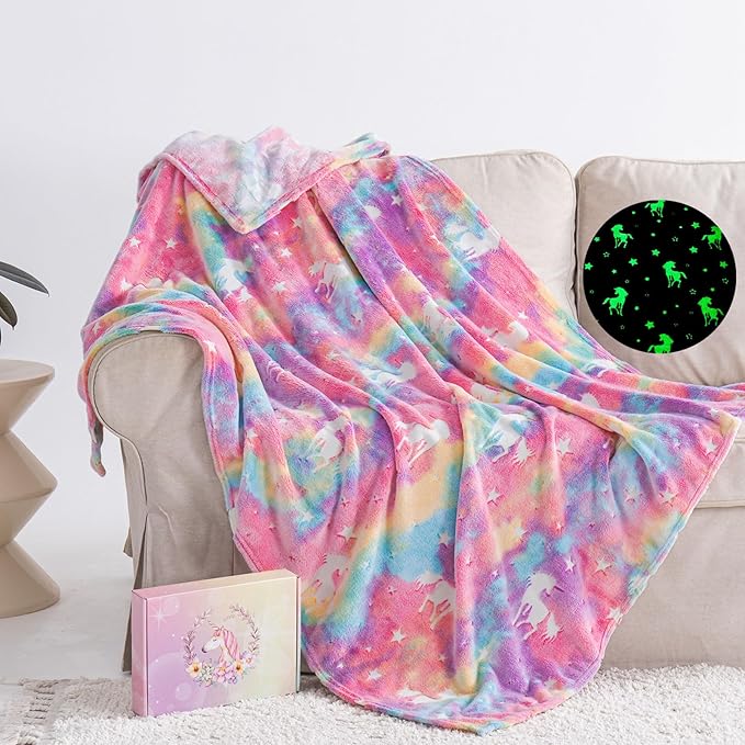 QSTEHEML Unicorn Glow in The Dark Blanket,Unicorn Gifts Toys for Kids Girl Age 3-12 Years Old,Birthday Gifts for Toddler, Teen,Christmas Birthday Bedroom Decor 50"횞60"