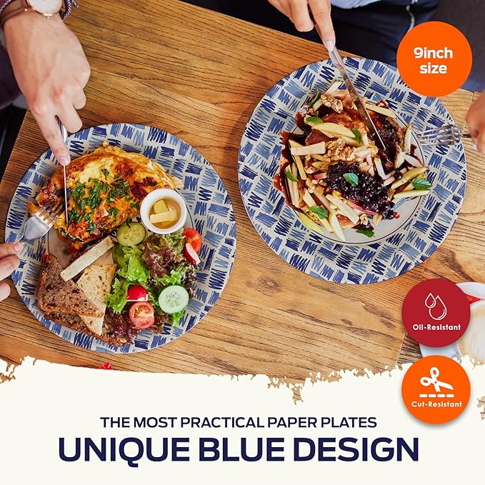 PAMI Premium Paper 9 Inch Plates [Pack of 50] Heavy-Duty Disposable Dinner Plates| Microwave-Safe Paper Plates| Sturdy Oil Water & Cut Resistant Blue Paper Plates