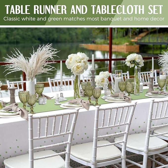 Tudomro 16 Pcs White and Sage Green Disposable Plastic Tablecloths and Satin Table Runner Set 54x108 Inch Tablecloth 12x108 Inch Table Runners for New Year Wedding Birthday Baby Shower Graduation