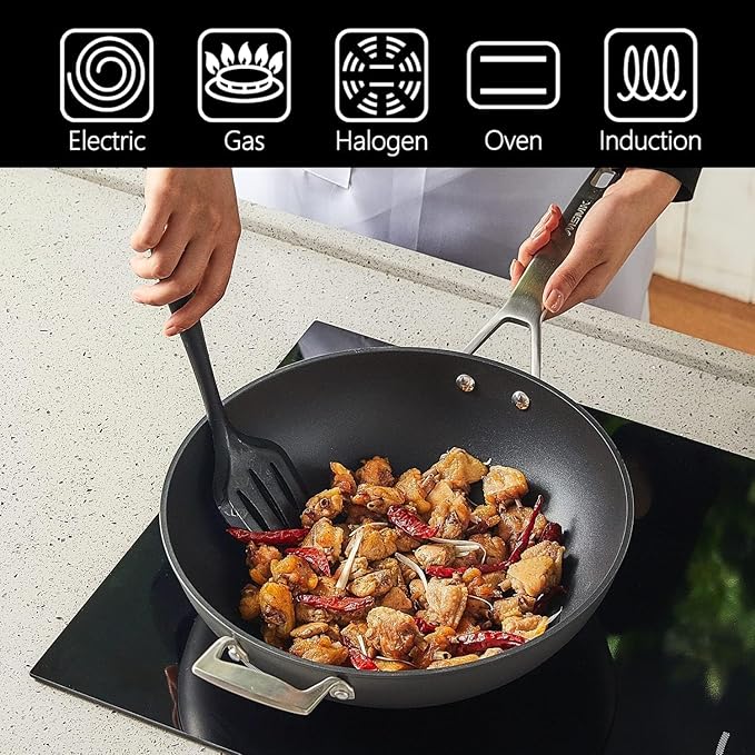 MsMk Titanium and Ceramic Nonstick Wok pan with lid竊?2.5 Inch Woks & Stir Fry Pans with Stay-Cool Handle竊똅lat Bottom Wok Suits for Induction, Electric, Gas, Halogen, All Stoves