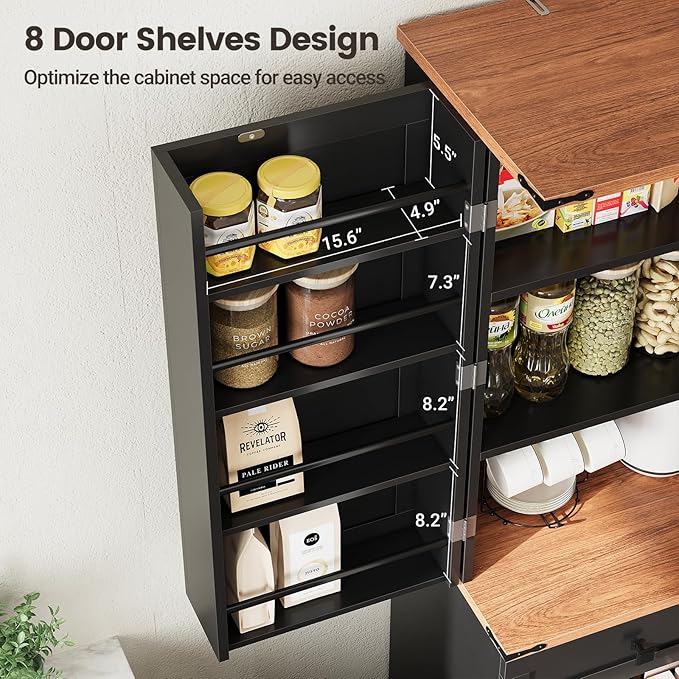 ELYKEN 72" Pantry Cabinet, Black Farmhouse Tall Kitchen Storage Cabinet with Drawer, Sliding Rack & Door Shelf for Spice Snacks Canned, Dining Room Kitchen