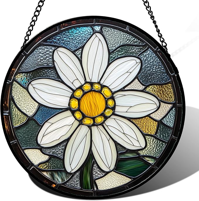 Stained Glass Window Hanging - Yellow White Daisy Birth Flower Suncatcher for Door Garden Yard Sun Catchers Decor Christmas Mother's Day Birthday Gifts for Teacher Women Mom Nana 7.8 in