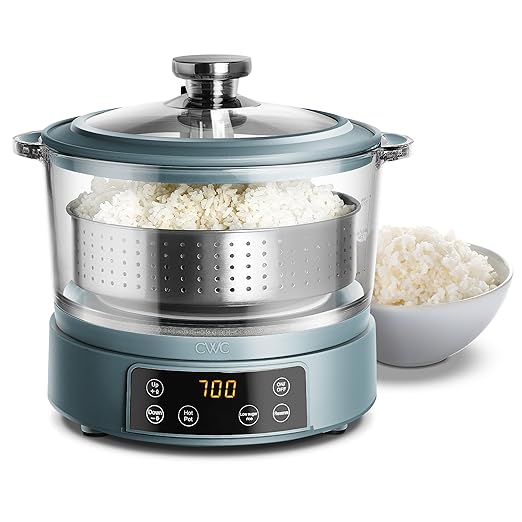 COOK WITH COLOR 3L Glass Mini Low Carb Rice Cooker ??Holds 2 Cups Raw/Makes 6 Cups Cooked with Auto Lift Filter Basket, Hotpot & Steamer for Rice, Grains, Digital Panel with Keep Warm, Slate Blue