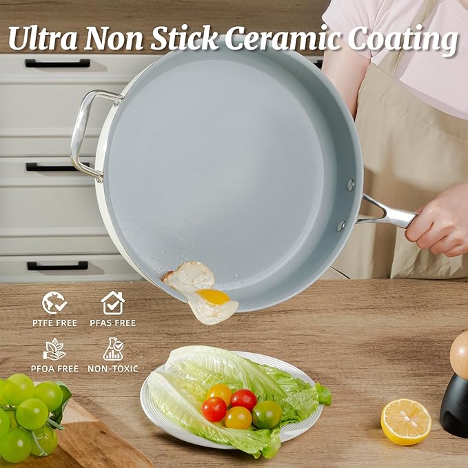 Nonstick Saut챕 Pan with Lid 5 QT Deep Frying Pan with Stainless Steel Helper Handle 12 inch Large Skillet Ceramic Jumbo Cooker for Healthy Cooking, Induction Compatible Cookware, PFOA Free