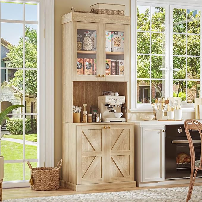 71" Farmhouse Kitchen Pantry Cabinet Set of 2, Tall Freestanding Storage Hutch with Glass Doors, Microwave Stand and Adjustable Shelves, Coffee Bar Cabinet for Kitchen or Living Room, Brown