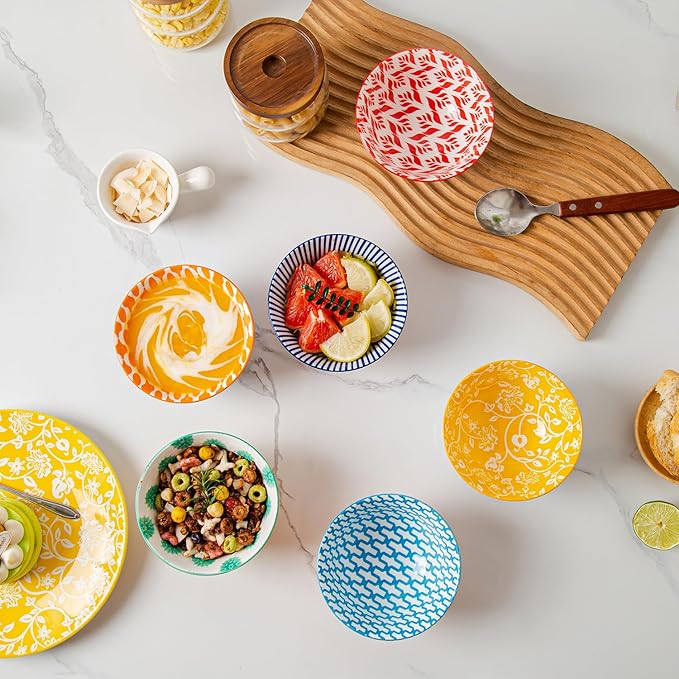 Cerkik Ceramic Dessert Bowls Set - Small 12 Oz Cereal Bowls - 4.75 Inch Ice Cream Bowls for Fruit, Snack, Side Dishes, Dipping Sauce - Microwave Dishwasher Safe - Set of 6 - Assorted Colors