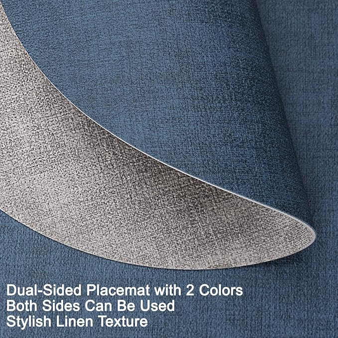 Myir JUN Reversible Vinyl Round Placemats Set of 8, Faux Leather Place Mats Dual Sided Waterproof Wipeable, Heat-Resistant Table Mats for Kitchen Dining Indoor Outdoor (14", Light Gray Navy Blue)