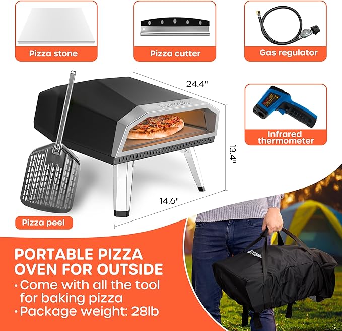 Outdoor Propane Gas Pizza Oven ??12" Camping Pizza Oven with Gas Regulator Cooks Pizza In 80-second, Propane Grill Reaches 930째F, with Pizza Stone/Peel/Cutter/Infrared Thermometer (12 Inches)