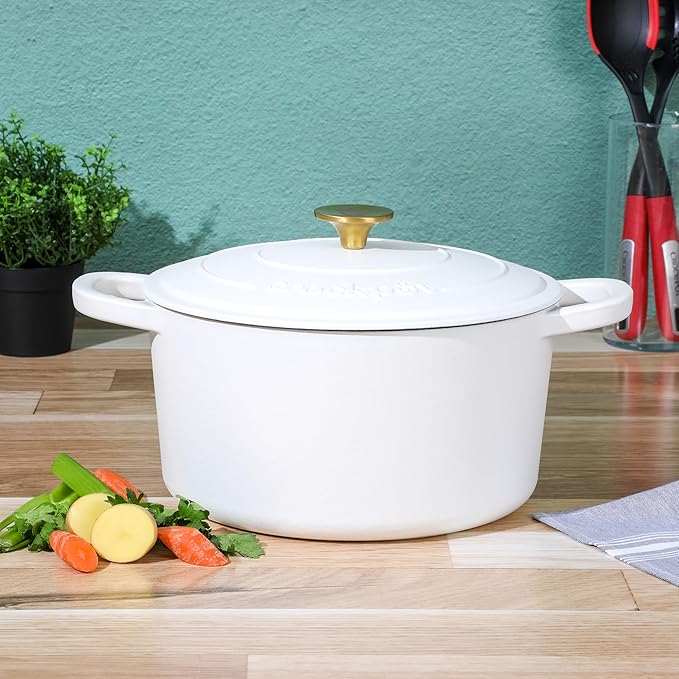 Crock-Pot Artisan 7-Quart Round Dutch Oven ??Matte Linen White with Gold Knob, Enameled Cast Iron Cookware