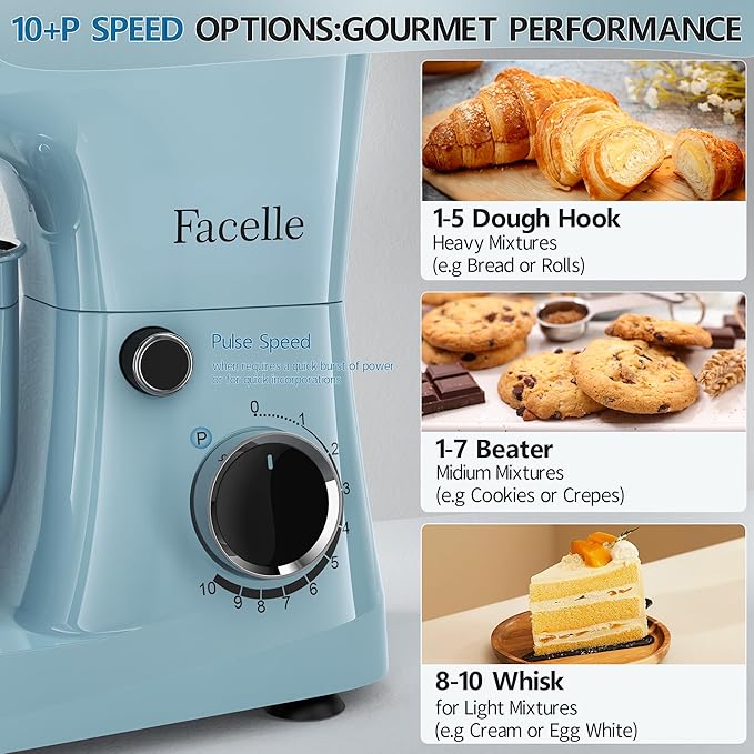 Facelle Stand Mixer, 10-Speed 6QT Kitchen Electric Mixer, Tilt-Head Food Mixer with Beater, Dough Hook, Wire Whip and Egg Separator, scraper for Most Home Cooks (Blue)