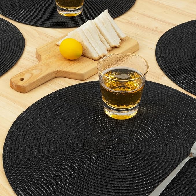 Winknowl Round Braided Placemats Set of 4 Washable Woven Heat Resistant Table Mats for Kitchen Dining Tables 15 inch Round Place Mats (Black,4pcs)